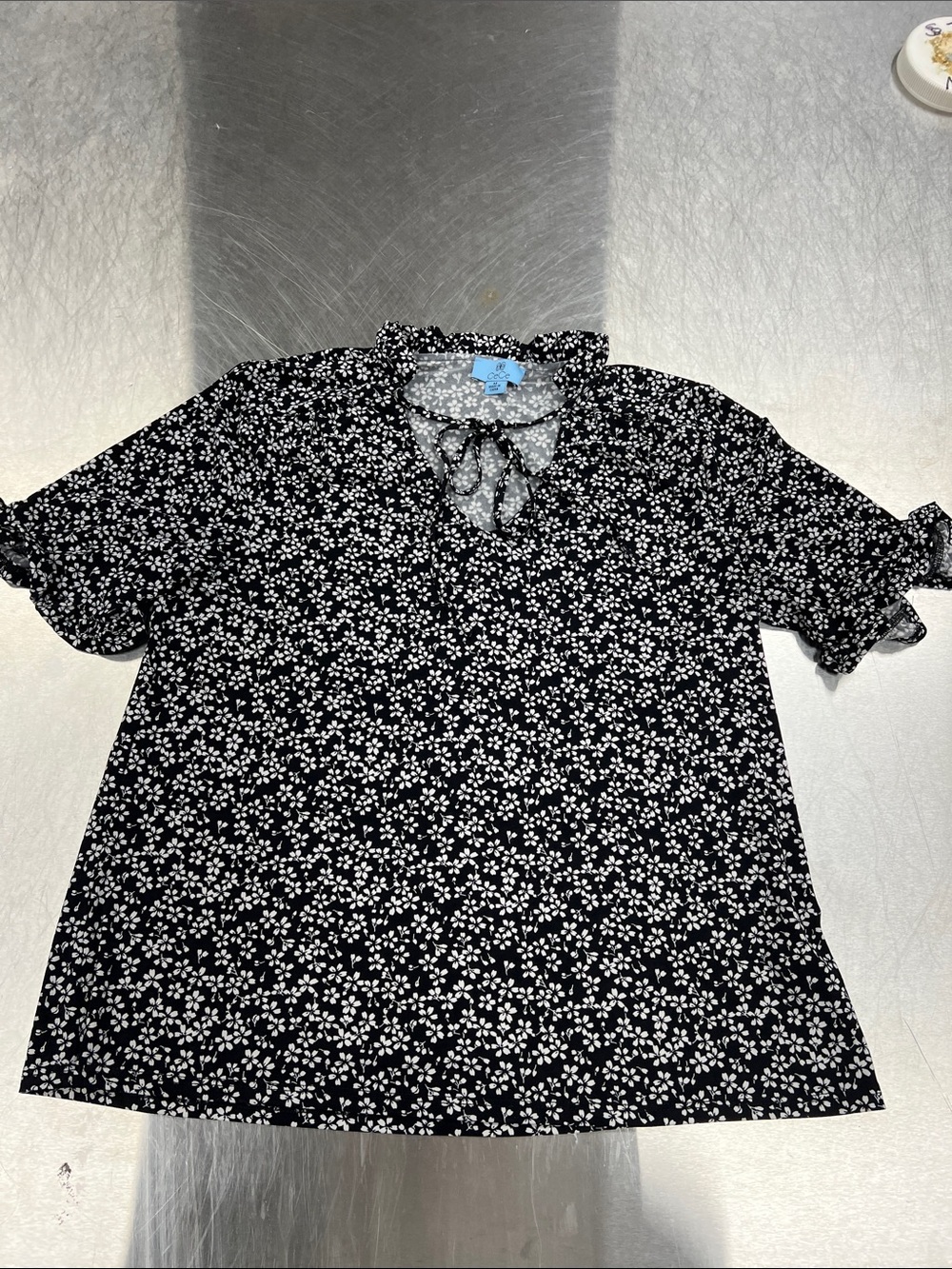 CeCe Black Floral Tie-Neck Women’s Top with Ruffle Sleeves